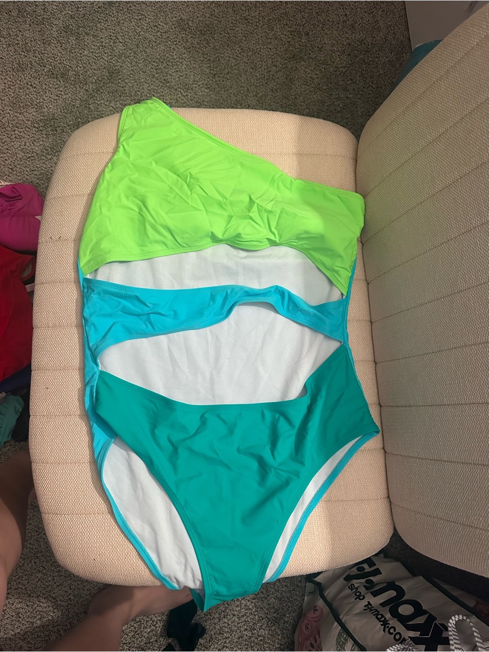 Pink Lily One-Shoulder Colorblock One-Piece Swimsuit in Neon Green, Aqua & Teal
